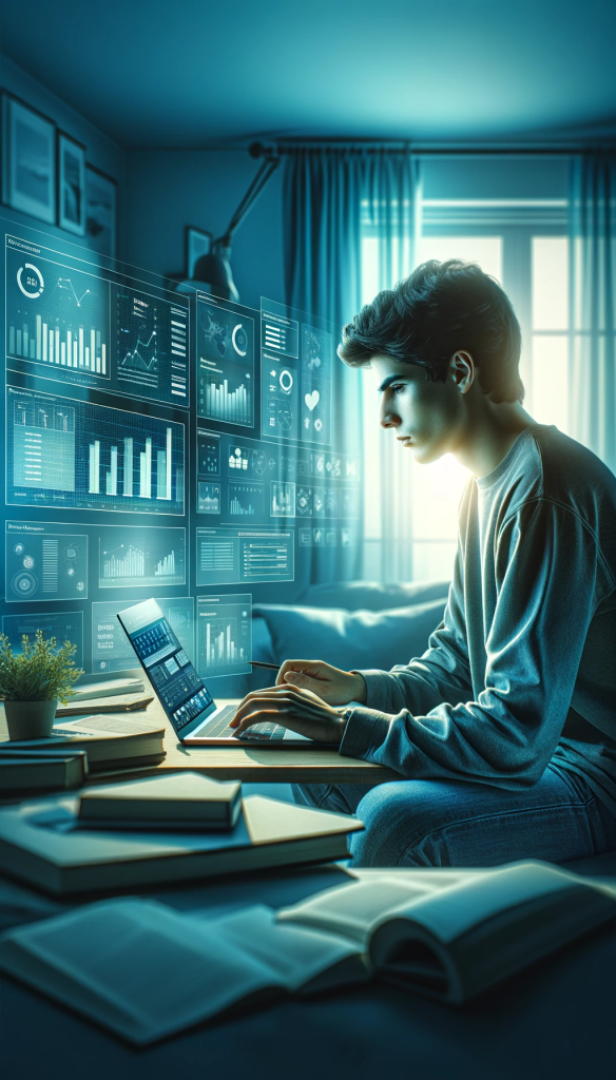 Dall·e 2023 11 30 08.43.23 A High Resolution, Vertical Image In Blue Green Tones, Depicting A Student Engaged In Online Power Bi Training. The Scene Should Be Set In A Home Stud